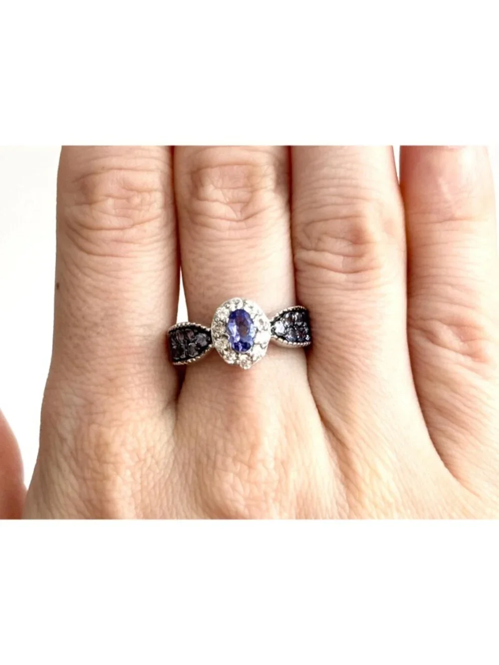 Tanzanite Gemstone Oval Cut Halo Style Sterling Silver 925 Vintage Ring - sz 8